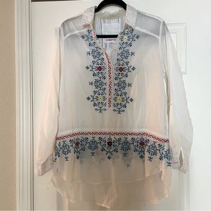 Johnny Was white embroidered collared blouse.